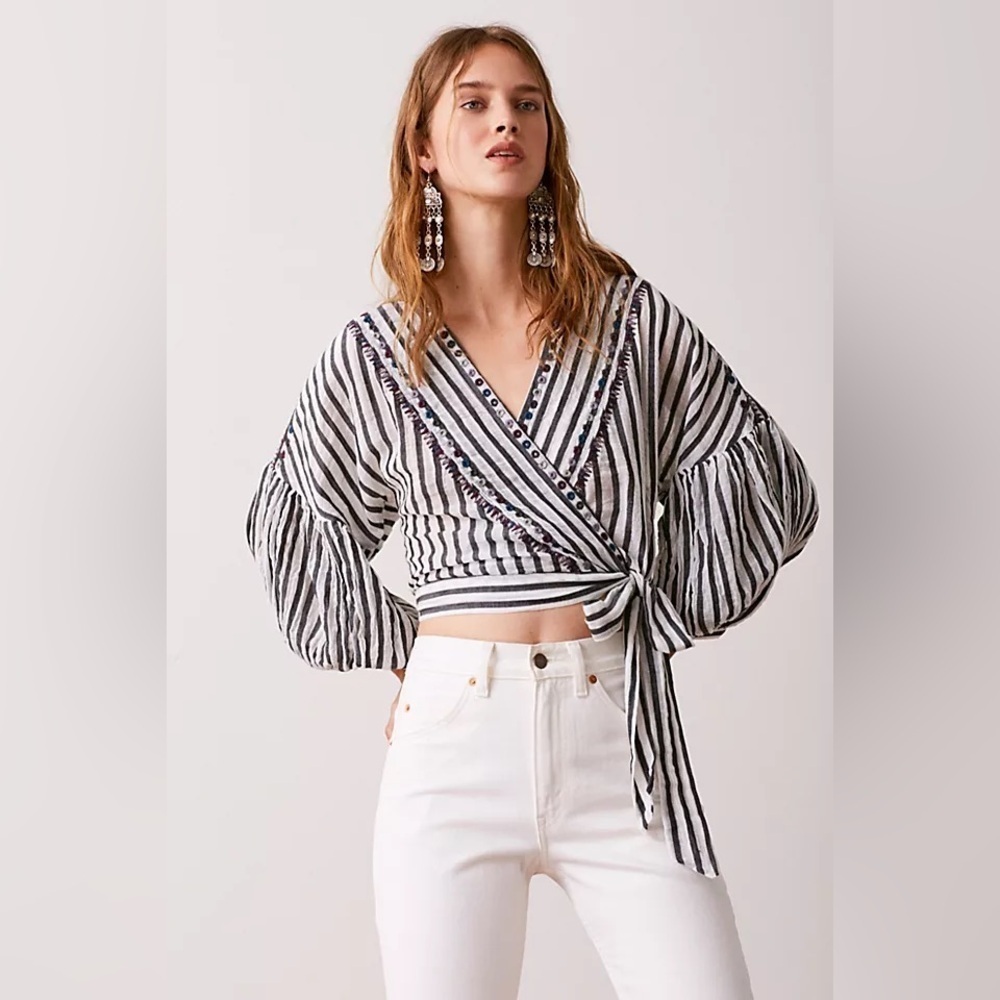 Free People - Barcelona Night Stripe Embroidered Detail Wrap Blouse Size Small